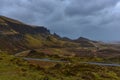 Horizontal image of stuning scenery of The Quiraing on the Isle of Skye with a sheep in a cloudy day , Scotland