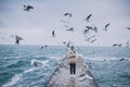 Horizontal image of young woman feeds seagulls on the sea. Pretty female wearing coat, scarf and watching flying seagulls by the Royalty Free Stock Photo