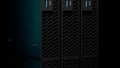 Horizontal ISP server rack array with blue illumination on black Royalty Free Stock Photo