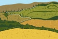 Horizontal landscape background. Fields of wheat, green hills and trees. hand drawn illustration