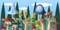 Horizontal landscape with mushrooms. Cartoon background with a fabulous mushroom forest