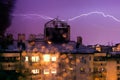 Horizontal lightning, night storm in the city