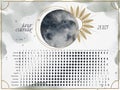 Horizontal Lunar Calendar 2023 for Northern Hemisphere. Moon Calendar with watercolor lunar phases and golden elements