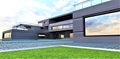 Horizontal metal panels as wall cladding for a futuristic private estate. Goes well with mirrored windows. 3d rendering
