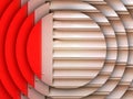 concentric circular patterns repeating design from grey shutters fixed to a red wall