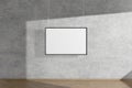 Horizontal mock up picture frame in black hanging on concrete wall simple interior dark room light and shadow of the window. 3D Royalty Free Stock Photo