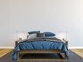 Horizontal mock up poster frame in modern interior background, luxury bed with clean blue bedding in modern bedroom Royalty Free Stock Photo