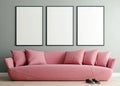 Horizontal mock up poster frame in modern interior background, millennial pink sofa in living room, Scandinavian style Royalty Free Stock Photo