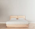 Horizontal mock up poster frame in modern interior background, natural light wood bed frame with clean bedding in white bedroom