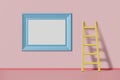Horizontal mockup picture frame blue color hanging on a pink wall near the staircase. Abstract multicolored kids cartoon concept. Royalty Free Stock Photo