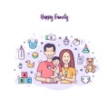 Horizontal modern banner flat line design happy family Royalty Free Stock Photo