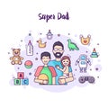 Happy super dad, son teenager and daughter in diaper with baby accessories and toys.