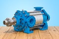 Horizontal multistage centrifugal pump on the wooden planks, 3D rendering