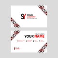 Horizontal name card with decorative accents on the edge and bonus SY logo in black and red.