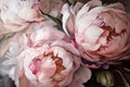 Horizontal oil painting of pink peony flowers bouquet, impasto, huge close-up, generative ai Royalty Free Stock Photo