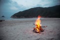Horizontal outdoors shot of blazing campfire on sand at the seaside.
