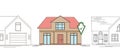 Horizontal outline drawing of a country house with a security shield. Smart home with alarm on the background of ordinary homes. Royalty Free Stock Photo