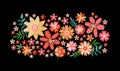 Horizontal oval composition with embroidered flowers and leaves on a black background. Tableware decoration, fabric print