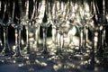 Horizontal photo of aligned empty wine glasses.