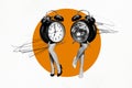Horizontal photo collage artwork minimal picture of disco ball alarm clock walking lady legs wearing heels isolated