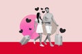 Horizontal photo collage of couple going on romantic journey honeymoon summer trip carry luggage hold hands on creative