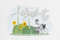Horizontal photo drawing collage of young woman ride bike outdoor windmill air pollution sunflower green plant