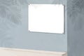 Horizontal photo frame on gray wall, tropical leaves, natural shadows overlaid on white textured background for overlays in Royalty Free Stock Photo