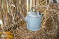 Old rusted and aged metal watering can in a rural background, surrounded by hay bales and straws