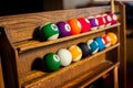 Horizontal photo of Set of balls for a game of pool billiards on Royalty Free Stock Photo