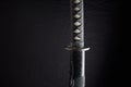 Horizontal photo of sheathed katana with details of the handle and sheath, traditional Japanese sword isolated on black background Royalty Free Stock Photo