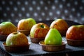 Six country apples and one pear on a brown table Royalty Free Stock Photo