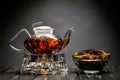 Horizontal photo of the tea set on a black background. Glass transparent teapot and cup. Black leaf tea. Royalty Free Stock Photo