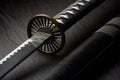 Horizontal photo of unsheathed katana with details of the handle and sheath, traditional Japanese sword isolated on black Royalty Free Stock Photo