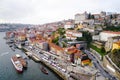 Porto, Portugal - December 2018: View from the Dom Luis I Bridge to the Ribeira area and the Douro River.