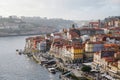 Porto, Portugal - December 2018: View from the Luis I Bridge overseeing the Ribeira area and the Douro River.