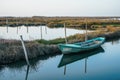 Weathered and abandoned small boat close to shore in peaceful lagoon on bright day.