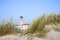 White beach sand dunes and sea oats with Costa Nova church blurred in the background. Royalty Free Stock Photo