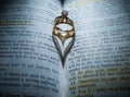 Gold Wedding Rings in the Center of the Bible Forming a Heart with the Shadow