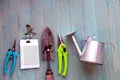 Horizontal photograph of some gardening tools