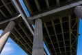 View Underneath a Large Bridge Highway on a Sunny Day with Blue Sky