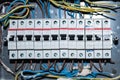 Horizontal picture of electrical panel with fuses closeup Royalty Free Stock Photo