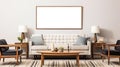 Horizontal picture frame mockup in modern living room interior, blank copyspace, light tones, wall art mock-up. Generative AI Royalty Free Stock Photo