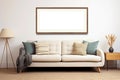 Horizontal picture frame with passe-partout mockup in living room interior, blank copyspace, light tones, poster mock-up.