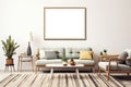 Horizontal picture frames with passe-partout mockup in living room interior, blank copyspace, beige tones, wall art mock-up.