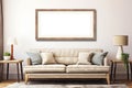 Horizontal picture frames with passe-partout mockup in living room interior, blank copyspace, light tones, poster mock-up.