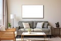 Horizontal picture frames with passe-partout mockup in living room interior, blank copyspace, light tones, wall art mock-up.