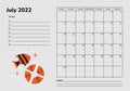 Horizontal planner 2022. July calendar page. Organizer scheduler timetable vector template. Wall table corporate