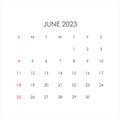 June 2023 calendar in minimalist style. Vector EPS10