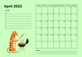 Horizontal planner 2022 with tiger. April calendar page. Organizer scheduler vector template. Wall desk table corporate Royalty Free Stock Photo