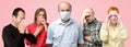 Horizontal portrair of several men and women having flu. Men in the middle wearing special mask Royalty Free Stock Photo